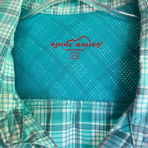 Eddie Bauer Plus Size 2XL Aqua Plaid Long Sleeve Summer Blouse Front Zip Pockets - Picture 3 of 14